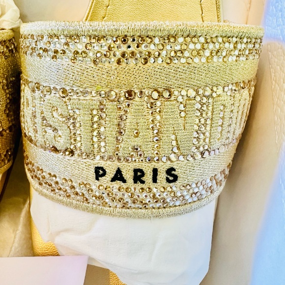 DIOR Dway Heeled SlideGold-Tone with Metallic Thread Strass 62k gold siz… - Picture 11 of 14